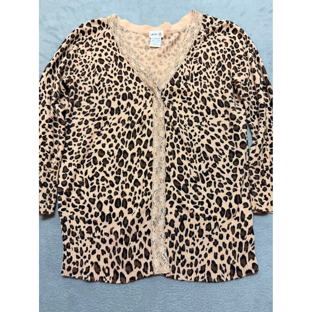 CATCH 22 Leopard‎ Print V Neck Cardigan Lace Trim Office Siren Y2K Size S